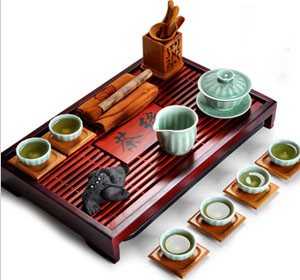 整套功夫茶具 青瓷茶具套装 实木茶盘